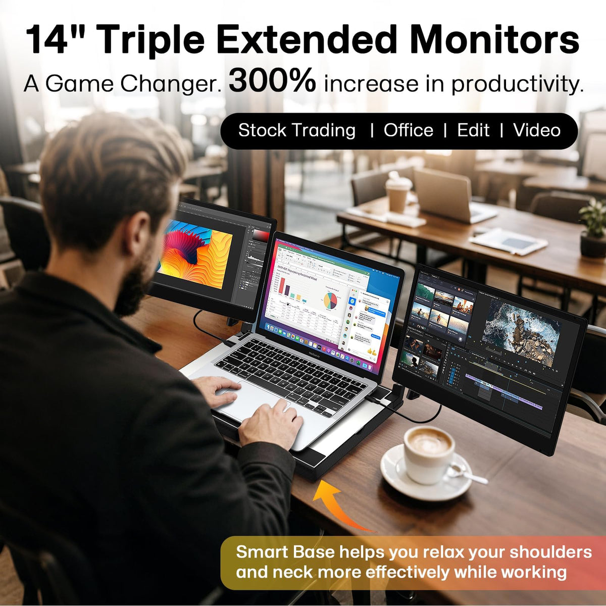 BreezyLife 14" Laptop Screen Extender Smart Base - Upgraded Triple Portable Monitor FHD 1080P Plug-Play USB C/HDMI,Laptop Monitor Extender for Win/Mac, 300% More Efficient