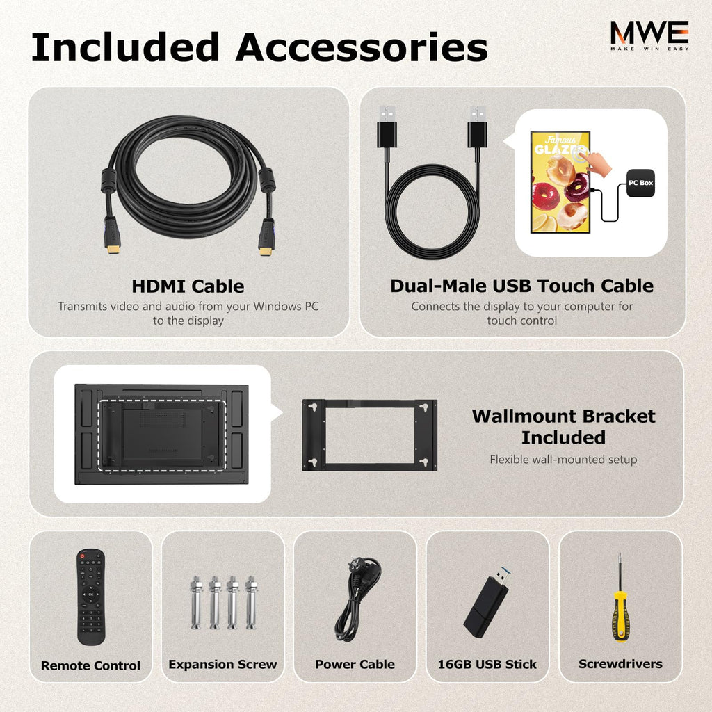 43 inch Wall Mount Digital Signage, FHD Touchscreen 43" Monitor Android 14
