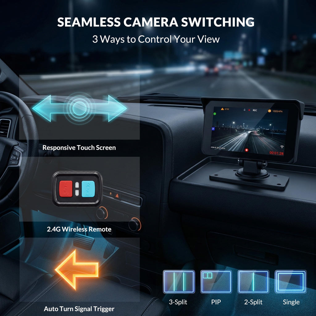 T5 3-Channel Truck Dash Cam System with 5" Touch Screen, 1080P Front & Side Blind Spot Cameras, 5G WiFi GPS Bluetooth & FM Audio, IP67 Waterproof IR Night Vision, 12V/24V for RVs & Trailers