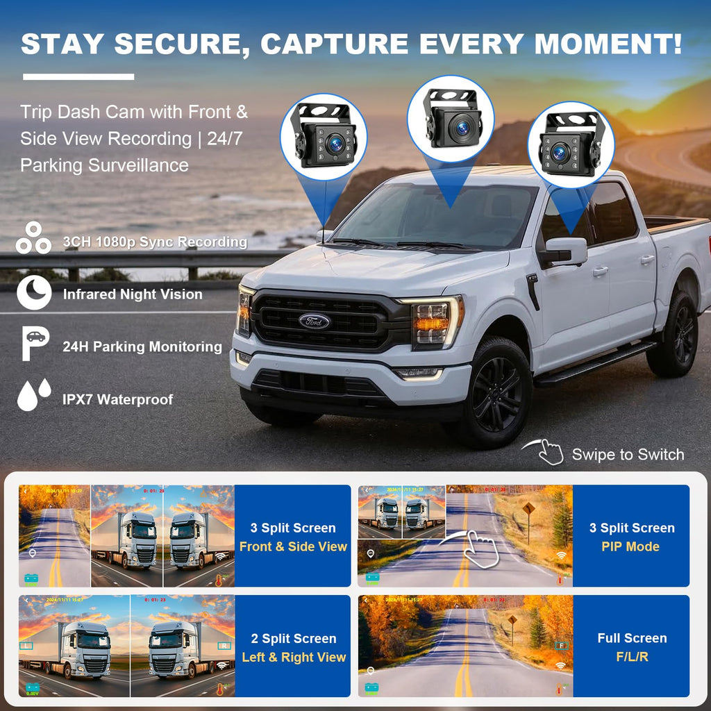 T5 3-Channel Truck Dash Cam System with 5" Touch Screen, 1080P Front & Side Blind Spot Cameras, 5G WiFi GPS Bluetooth & FM Audio, IP67 Waterproof IR Night Vision, 12V/24V for RVs & Trailers