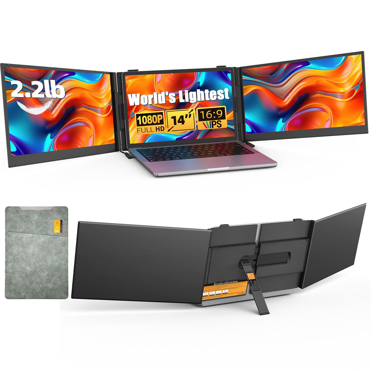 BreezyLife 14" Laptop Screen Extender Smart Base - Upgraded Triple Portable Monitor FHD 1080P Plug-Play USB C/HDMI,Laptop Monitor Extender for Win/Mac, 300% More Efficient