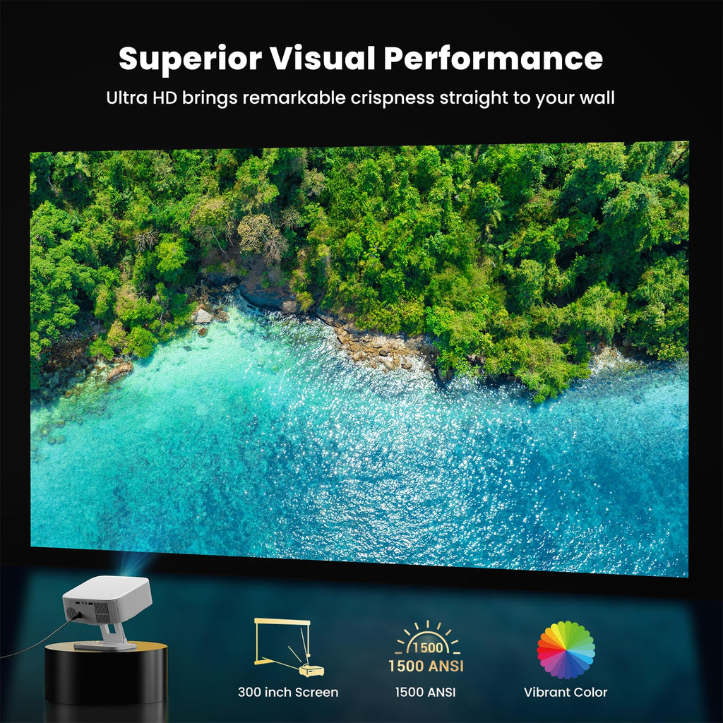 4K Outdoor Projector with Wifi and Bluetooth, Built-in Apps, Smart Projector with Auto Focus & Keystone, 1500 ANSI Lumens and 300" Movie Projector for Outdoor Use