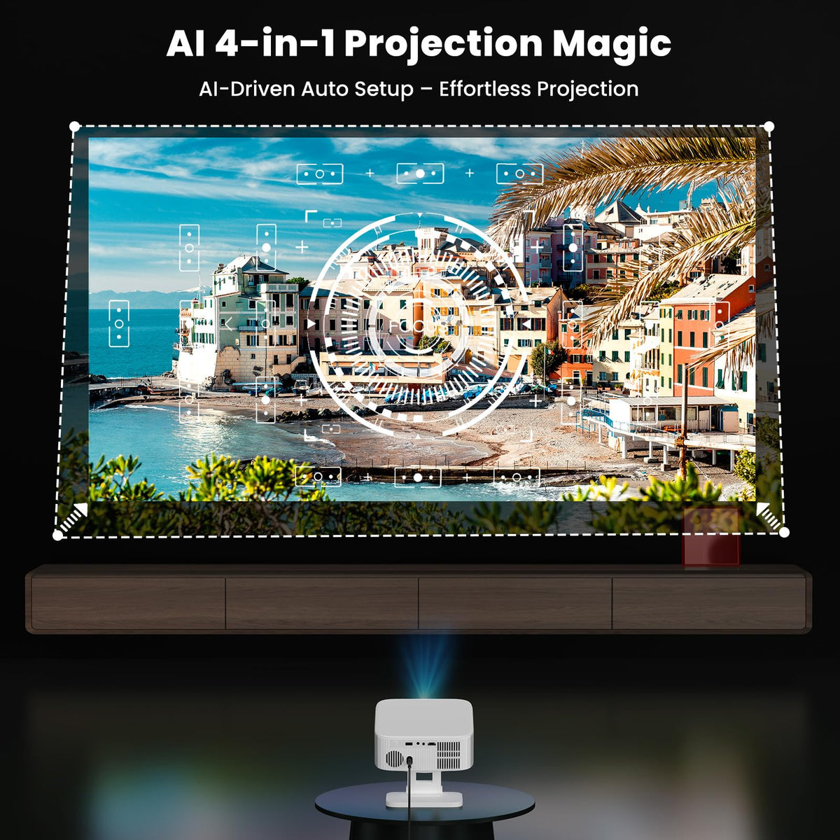 4K Outdoor Projector with Wifi and Bluetooth, Built-in Apps, Smart Projector with Auto Focus & Keystone, 1500 ANSI Lumens and 300" Movie Projector for Outdoor Use