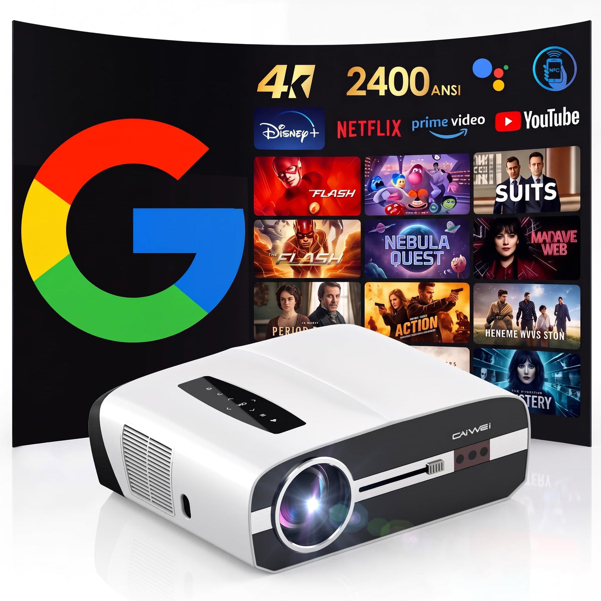 4K Daylight Led Projector,2400 ANSI High Lumens,Netflix built in apps,WiFi And Bluetooth,HDR10,ToF Auto Focus,70w Dolby Audio,HDMI eARC,low latency gaming projectors For Home cinema, Ceiling & Outdoor