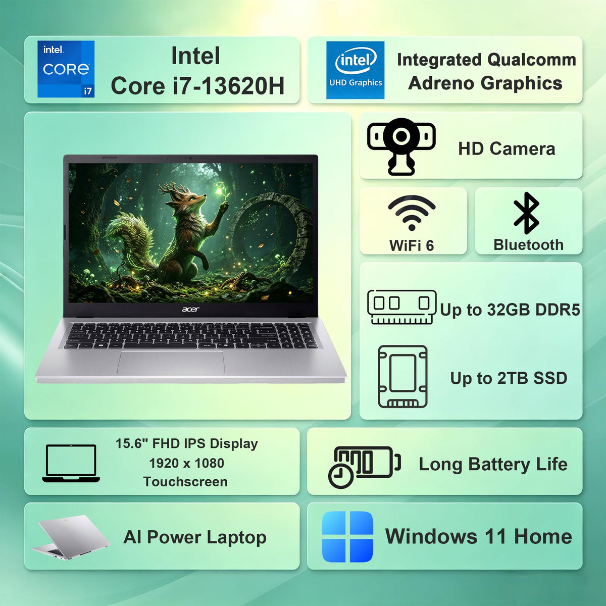 Delca Acer Aspire 15 AI Business Laptop | 15.6" FHD IPS Touchscreen | Intel 10-core Core i7-13620H | 32GB DDR5 512GB/1TB/2TB SSD | Camera USB-C Long Battery Life Customized Laptop Wi-Fi 6 Win 11