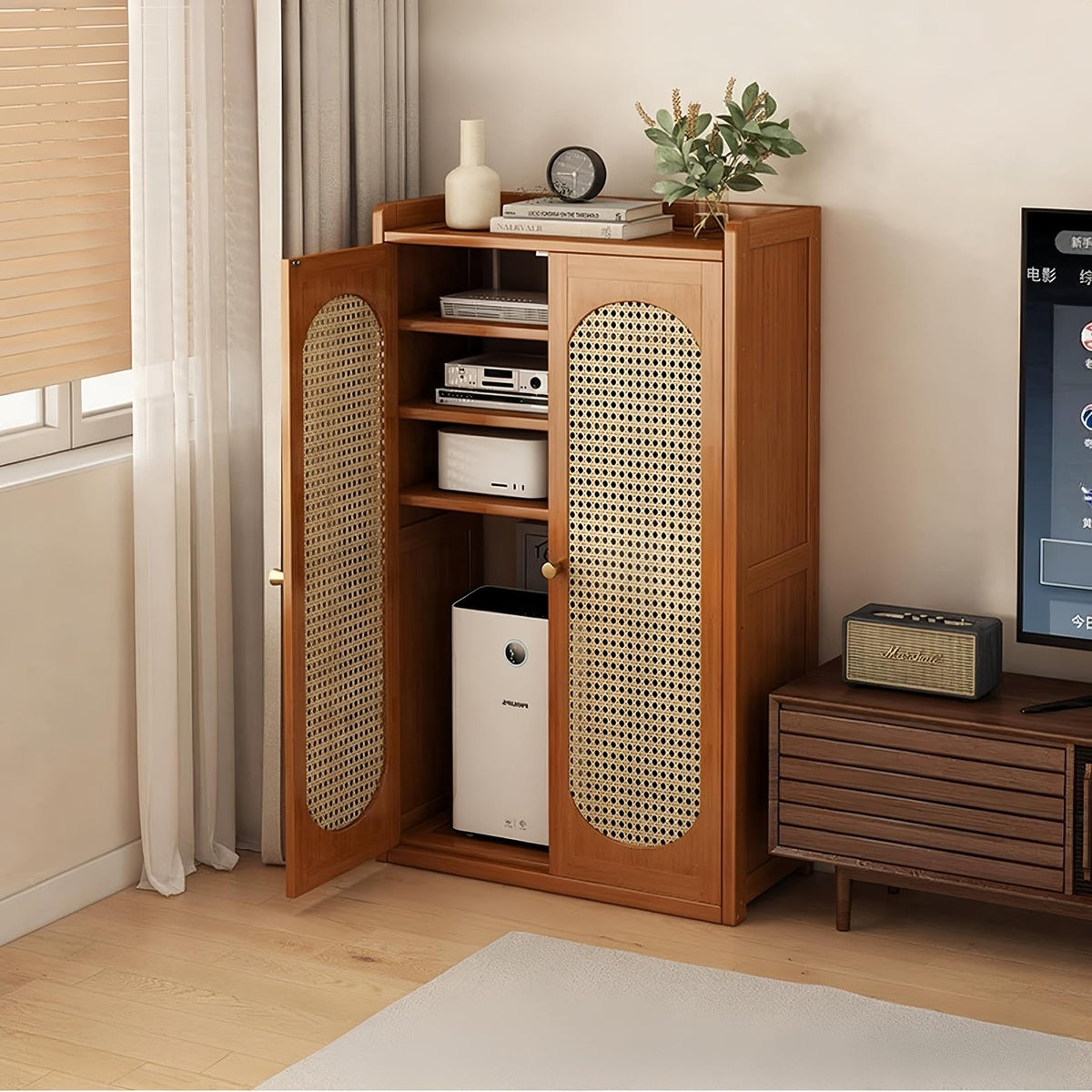 Bamboo Router Cabinet Rattan Cable Hider for Hallway Bedroom