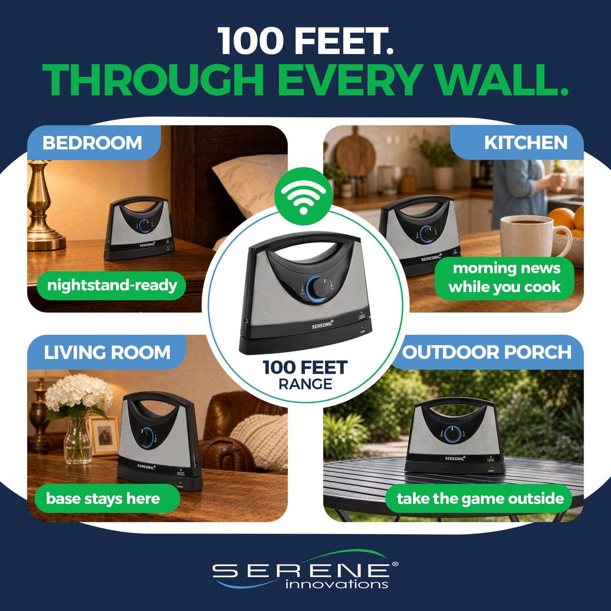 SEREONIC Portable Wireless Speakers for Smart TV - Ideal for TV Watching Without The Blaring Volume - Designed for Hard of Hearing, Elderly, and Seniors - 100ft Range