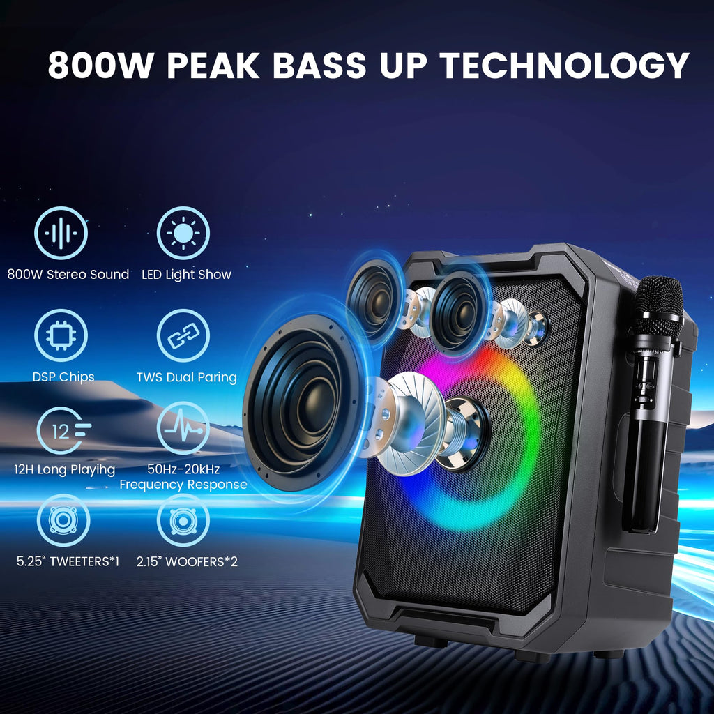 Karaoke Machine for Adults with 2 Wireless Microphones, 800W Peak Speaker