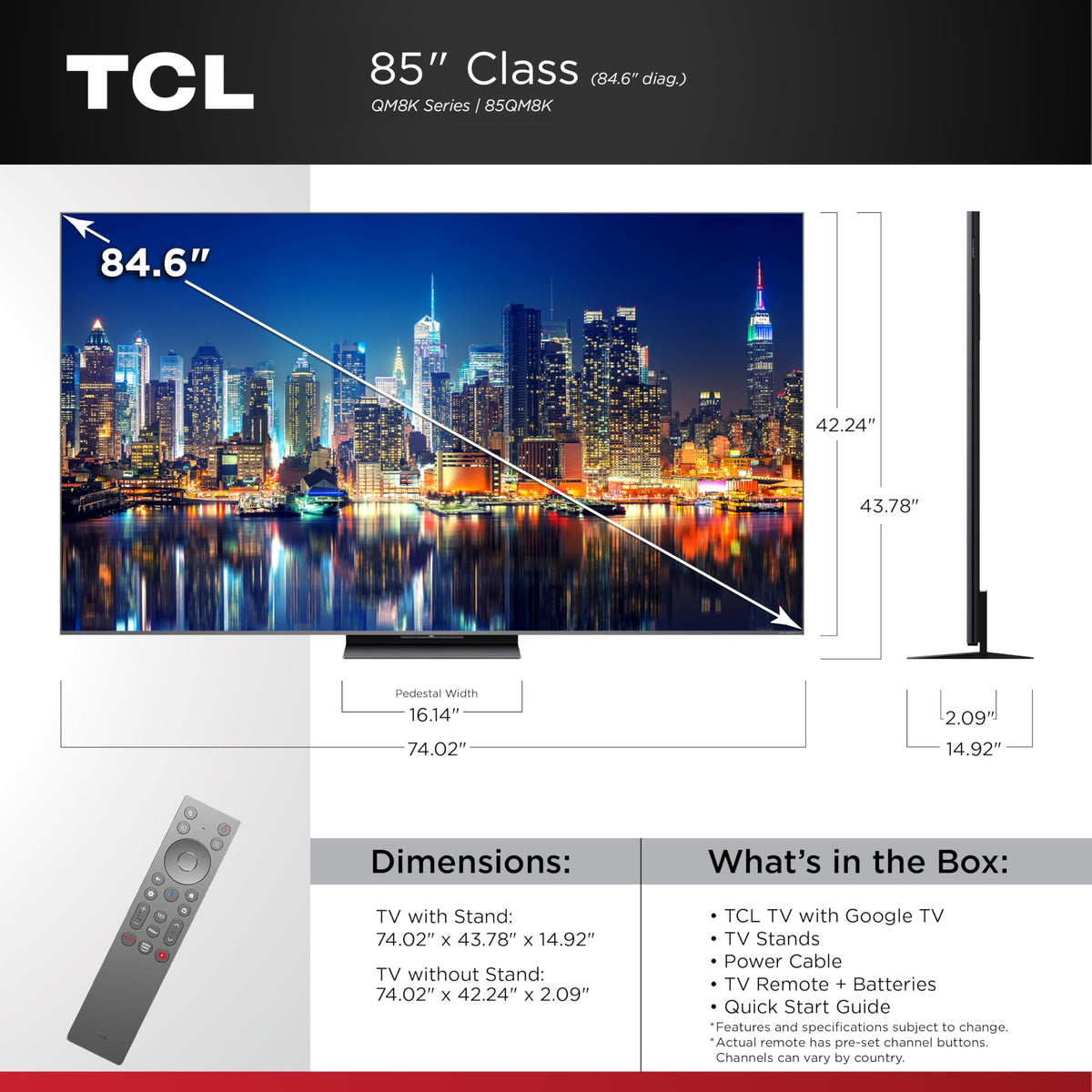 TCL 85 Inch Class QM8K Series | Mini LED QLED 4K HDR | 85QM8K, 2025 Model | 120HZ-144HZ Anti Reflective Wide Angle Screen Smart Google TV Dolby Atmos | Voice Remote Alexa Gaming Streaming Television