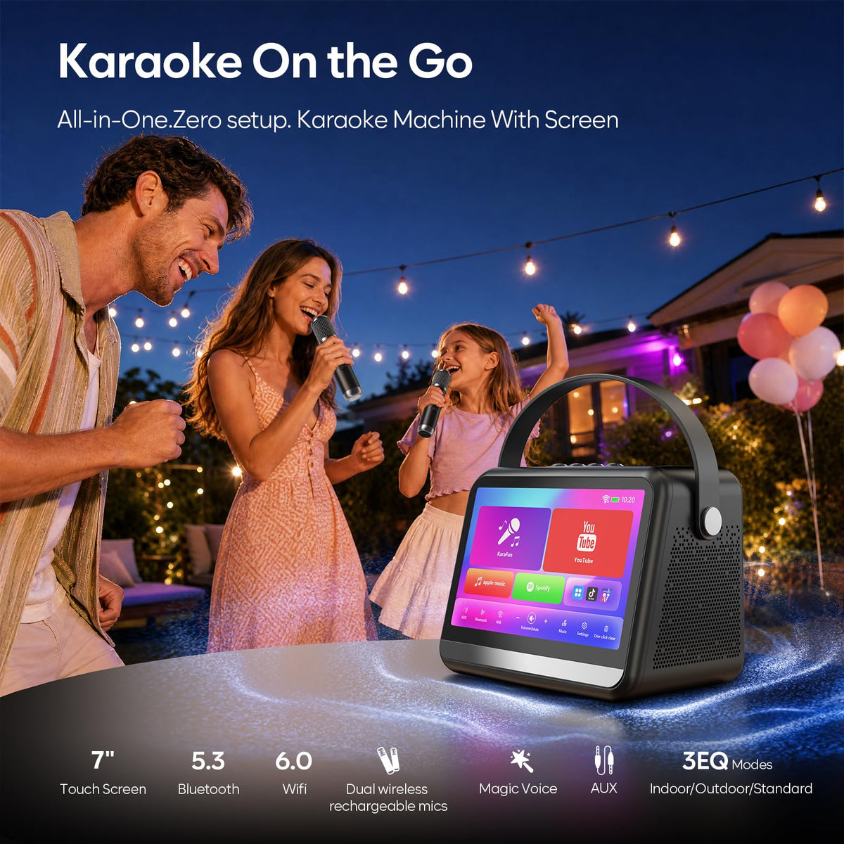 Karaoke Machine with Lyrics Display,7-Inch HD Screen&2 Wireless Microphones