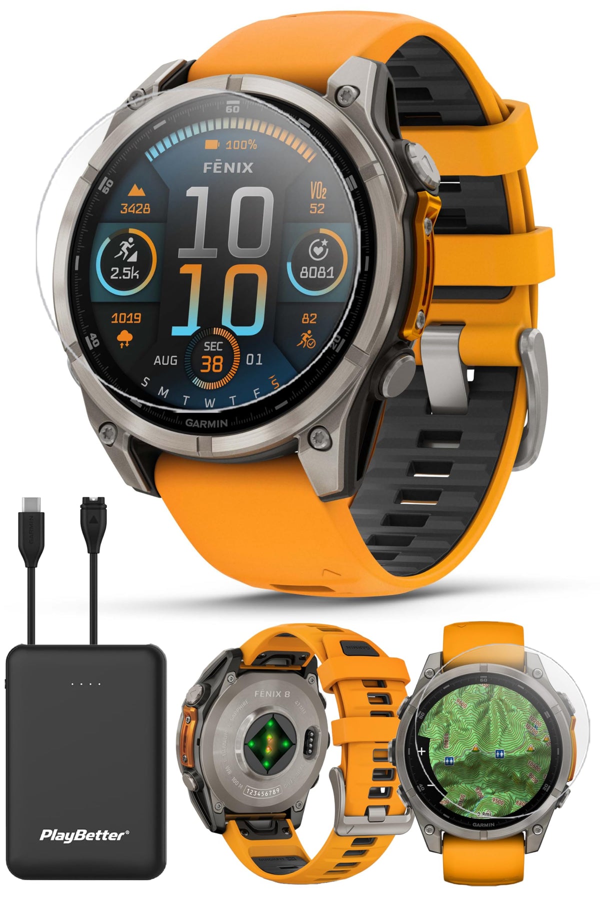 Garmin Fenix 8 (Spark Orange, 47mm) AMOLED Sapphire GPS Watch Bundle