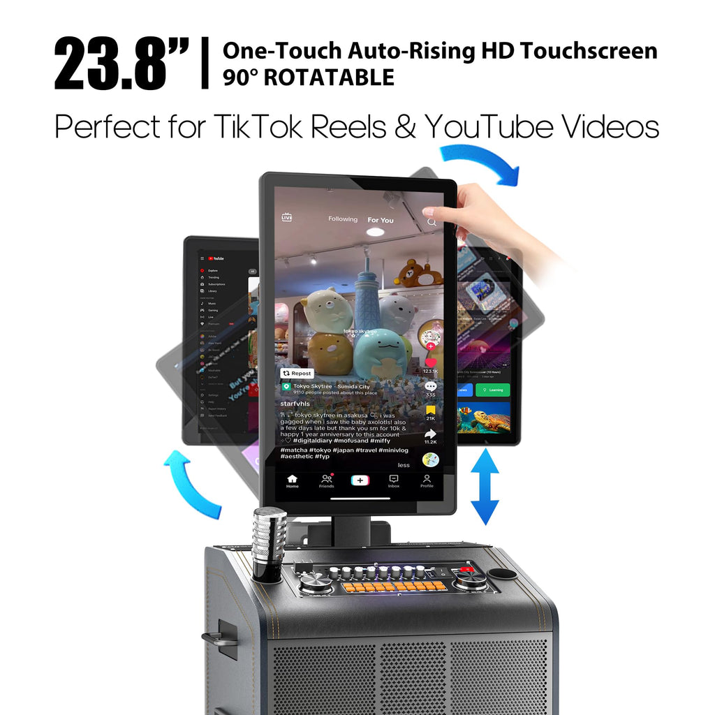 Smart Karaoke Machine for Adults, 2000W Peak, 23.8" Rotating Touchscreen