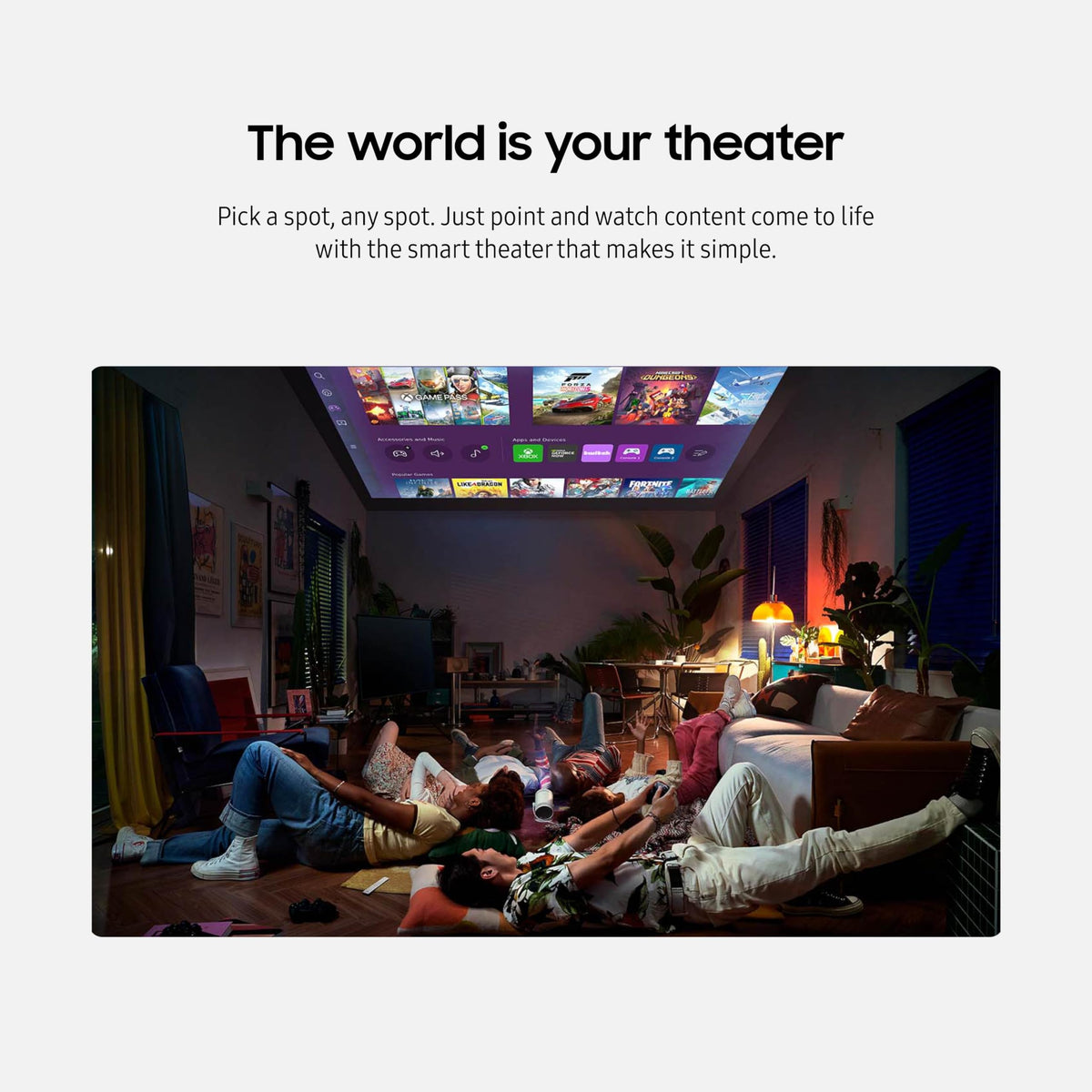 SAMSUNG 30-100 Inch The Freestyle 2nd Gen with Gaming Hub Smart Portable Projector, FHD, HDR, Home Theater Experience with Large Screen, 360 Sound, SP-LFF3CLAXXZA, 2023 Model