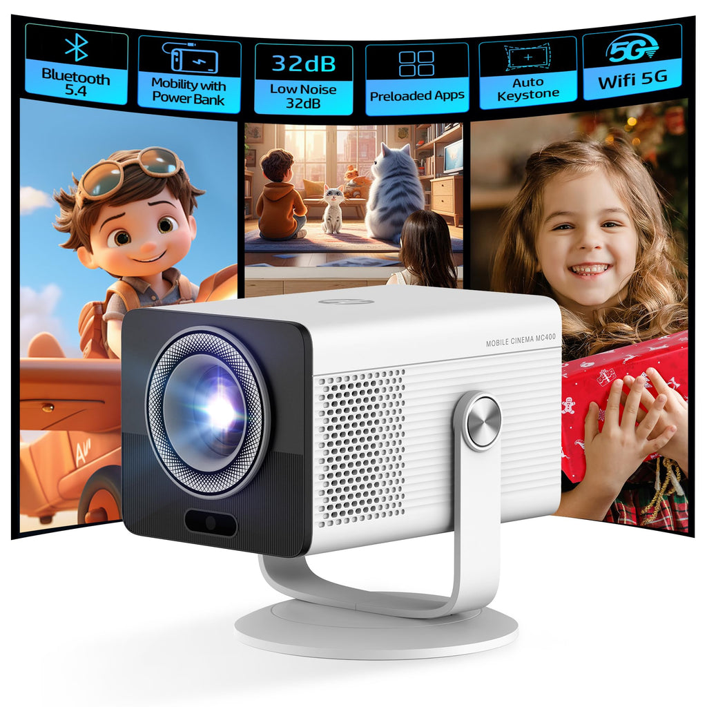 HP MC400 Portable HD Projector, WiFi , Bluetooth, Short Throw Lens, WiFi Screen Mirroring, App Store , Speaker, Design to work with PD Power Bank for Home Theater & Outdoor Movies