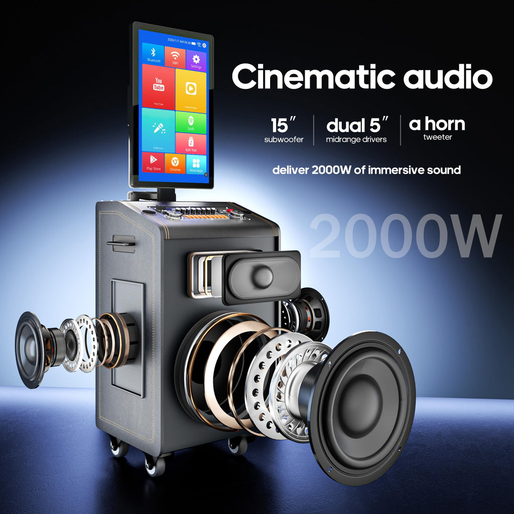 Smart Karaoke Machine for Adults, 2000W Peak, 23.8" Rotating Touchscreen