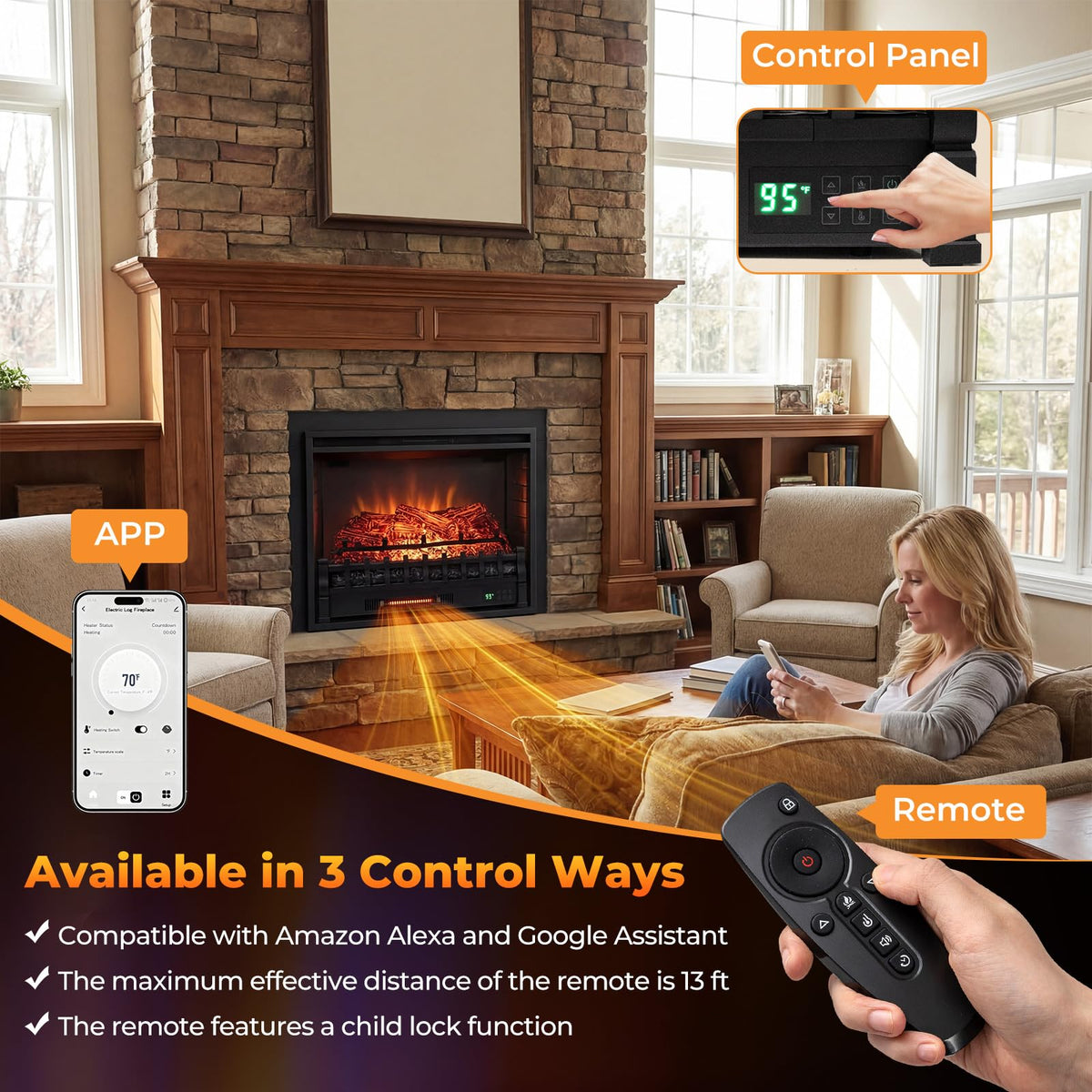 Tangkula 26" Smart Electric Fireplace, Compatible with Alexa, WiFi Enabled