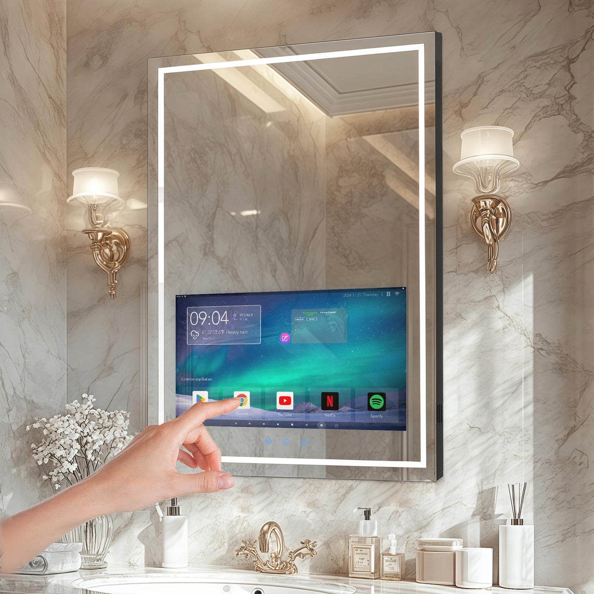 24x32 Inch LED Smart Bathroom Mirror with 21.5" Hidden Touchscreen System