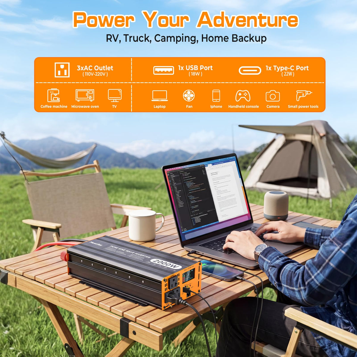 Musclez 2000W Pure Sine Wave Power Inverter 12V DC to 120V AC 4000W Peak