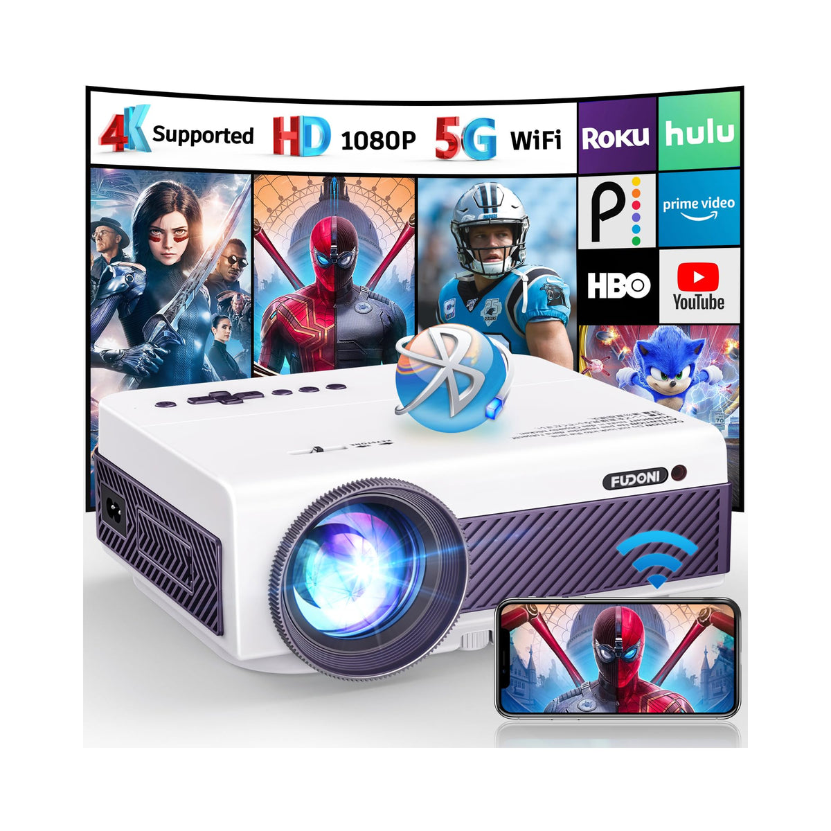 FUDONI Smart WiFi6 Projector with WiFi & Bluetooth，Compatible With Netflix