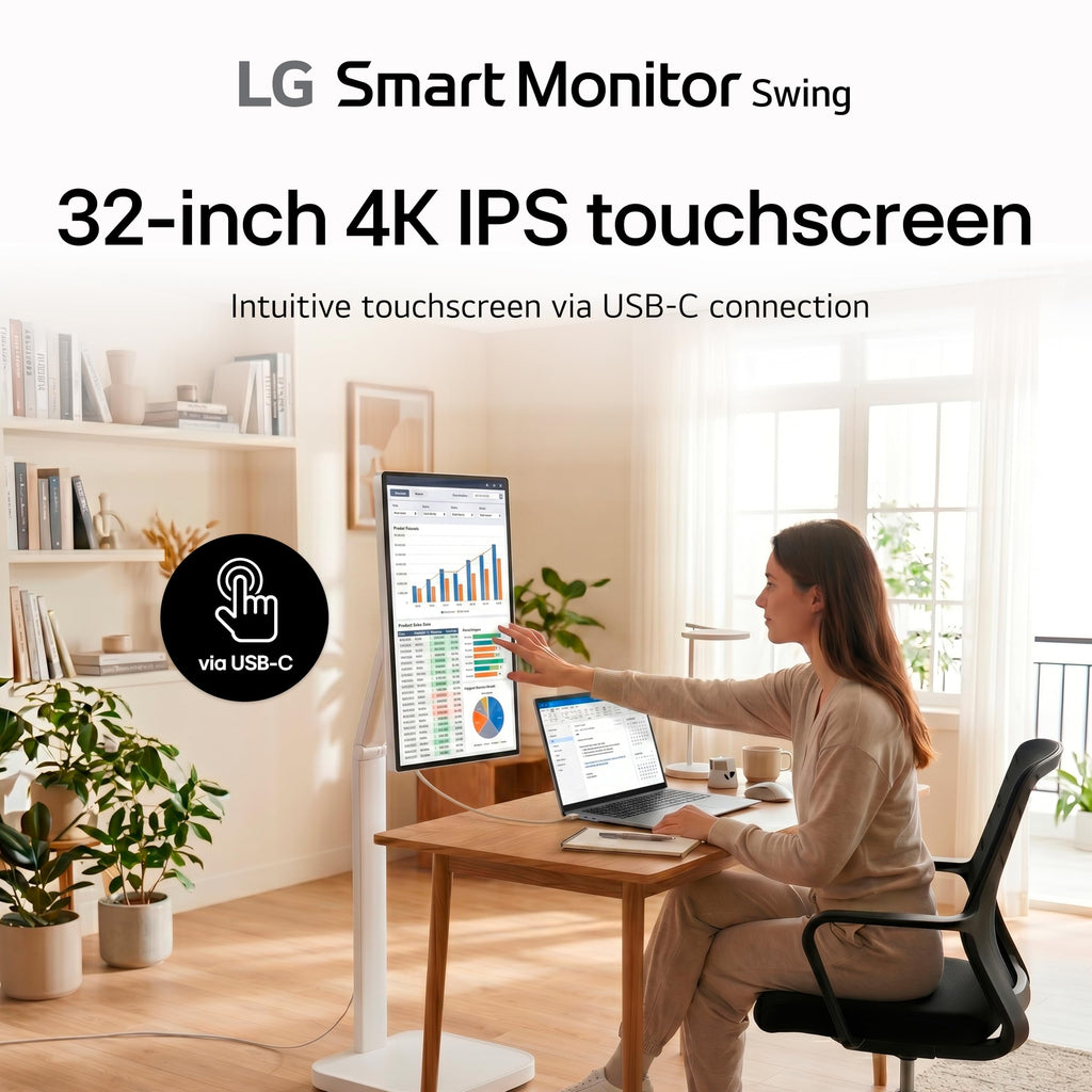 LG Smart Monitor Swing 32U889SA-W 32-Inch 4K UHD (3840x2160) IPS Touchscreen on a Fully Adjustable Wheeled Base HDR10, webOS, Built-in Speaker, HDMI, USB Type-C, Tilt/Height/Swivel/Pivot Stand, White