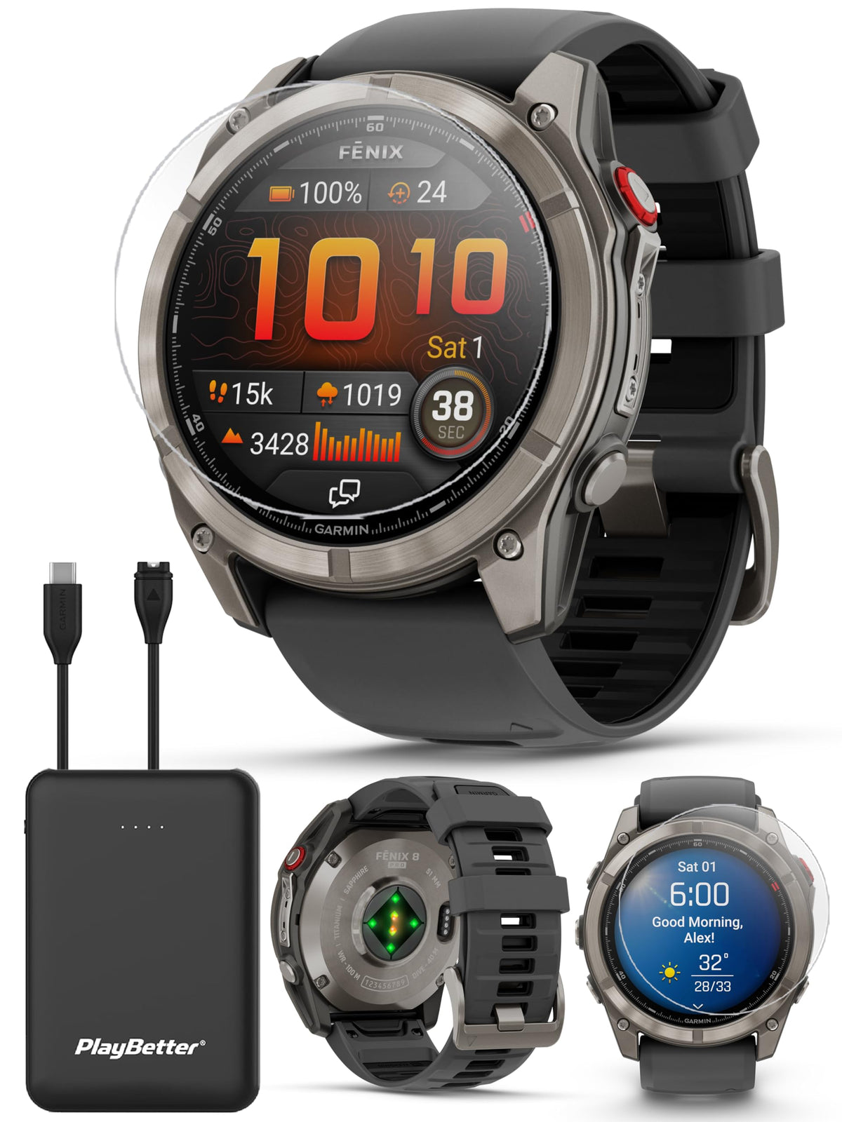 Garmin Fenix 8 (Carbon Gray, 51mm) AMOLED Sapphire GPS Watch Bundle