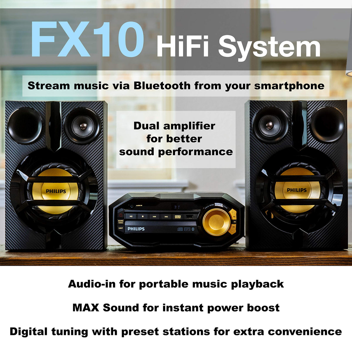 Philips FX10 Bluetooth Stereo System for Home with CD Player, MP3, USB, FM Radio, Bass Reflex Speaker, 230 W, Remote Control Included