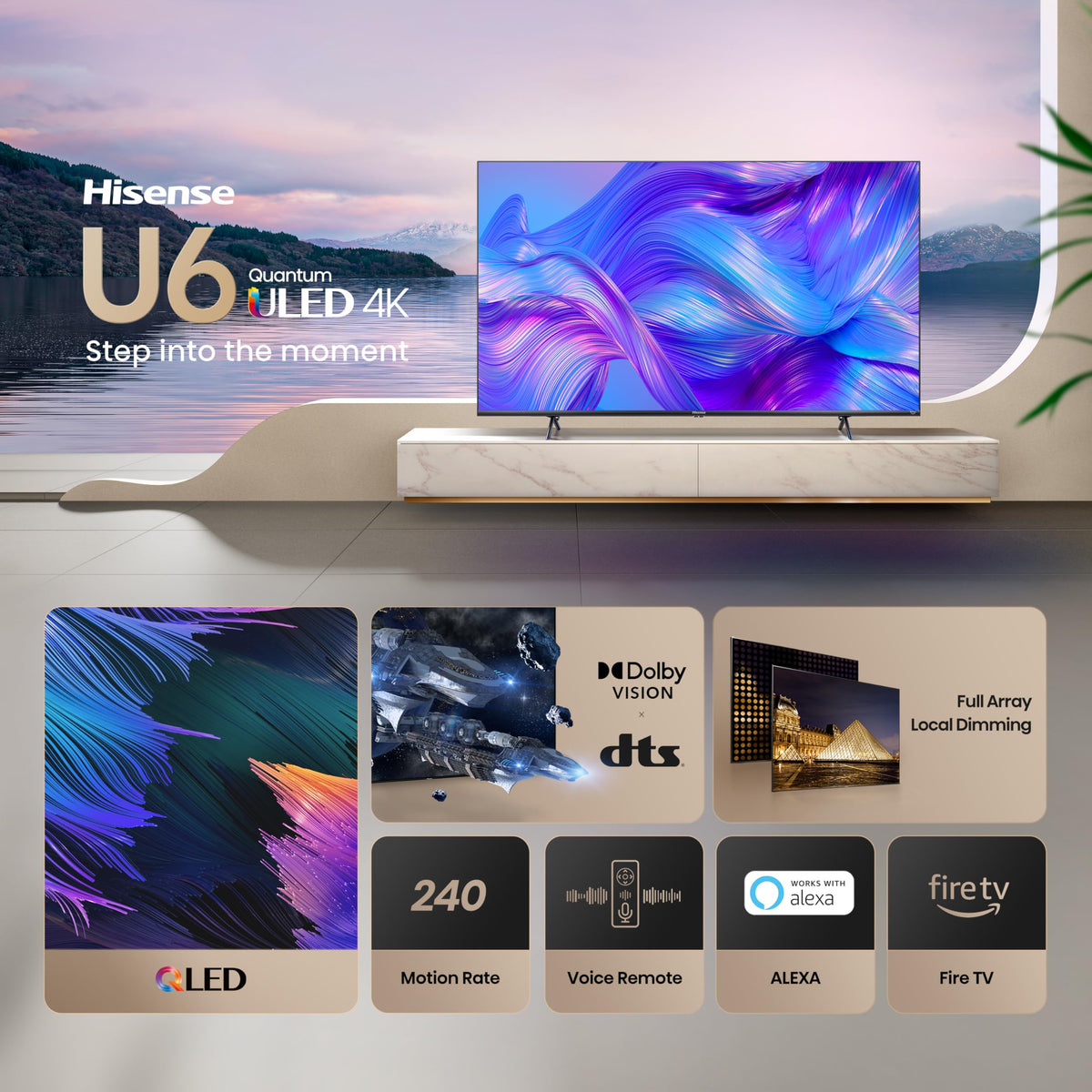 Hisense 50" Class U6HF Series (50U6HF, 2025) ULED 4K UHD Smart Fire TV, Voice Remote with Alexa, QLED, Full Array Local Dimming, Dolby Vision, HDR 10+, Quantum Dot for Enhanced Color, Game Mode Plus
